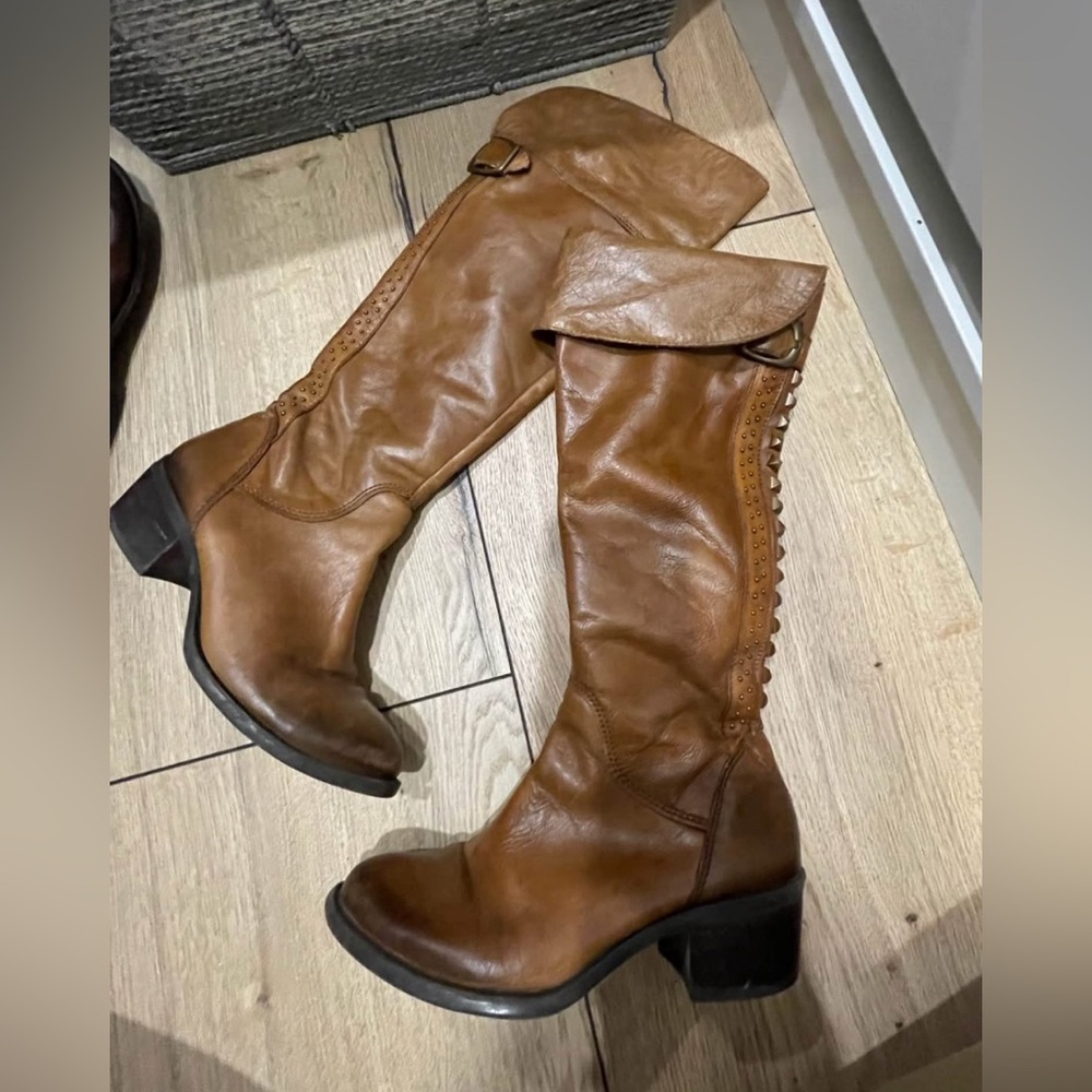 Vince Camuto Saddle Brown Studded Over-the-Knee Leather Boots - Picture 2 of 7
